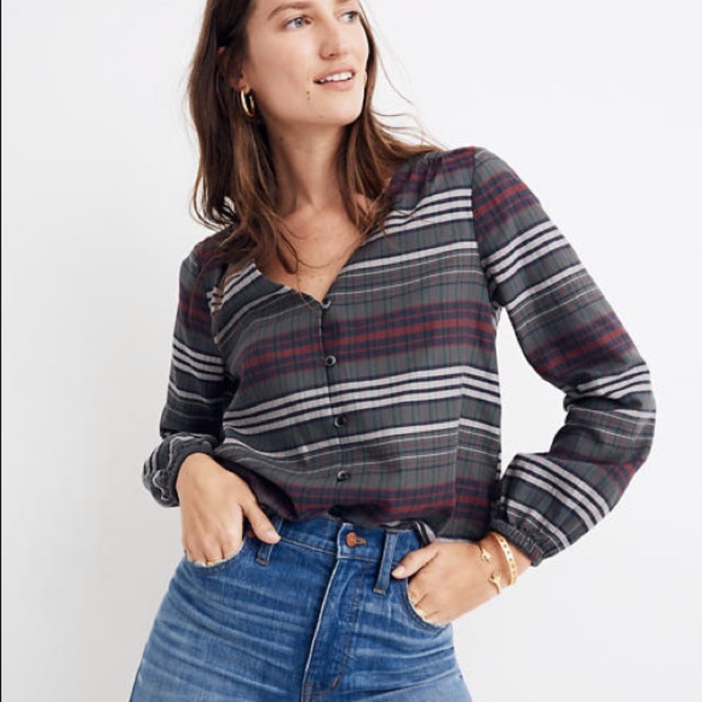 Madewell Pineview Plaid v-neck button-down shirt